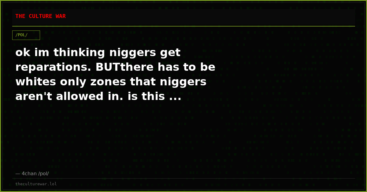 ok im thinking niggers get reparations. BUTthere has to be whites only zones that niggers aren't allowed in. is this ...