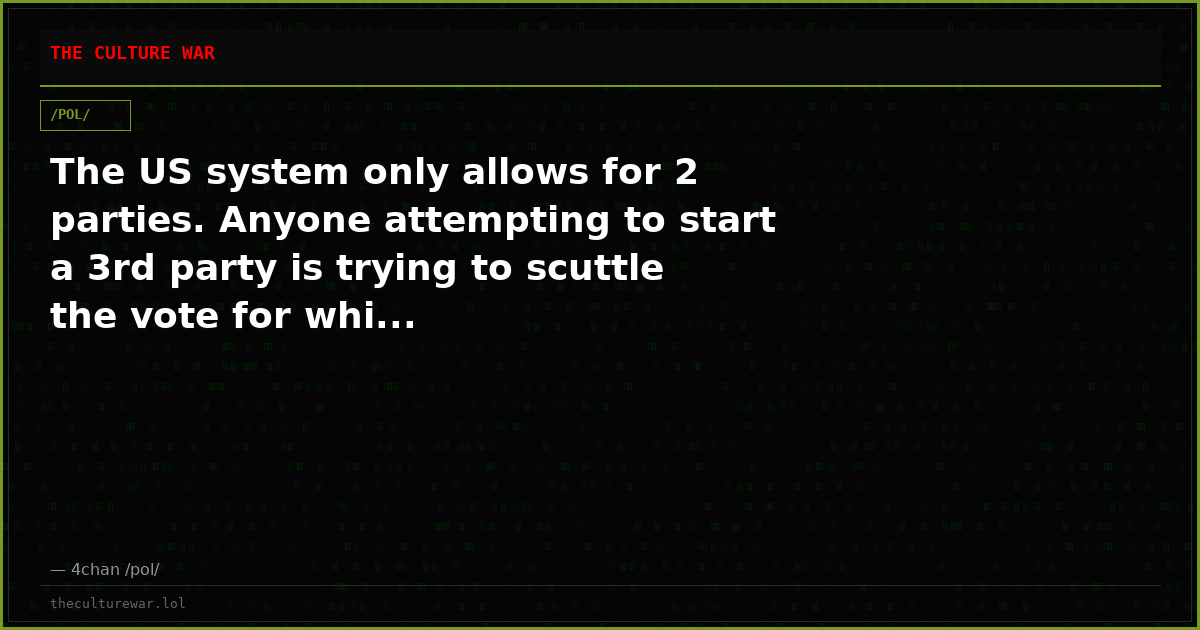 The US system only allows for 2 parties. Anyone attempting to start a 3rd party is trying to scuttle the vote for whi...