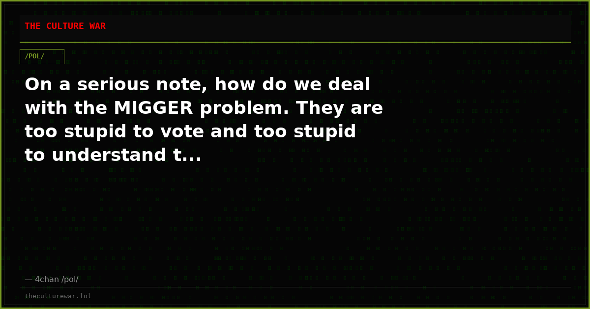 On a serious note, how do we deal with the MIGGER problem. They are too stupid to vote and too stupid to understand t...