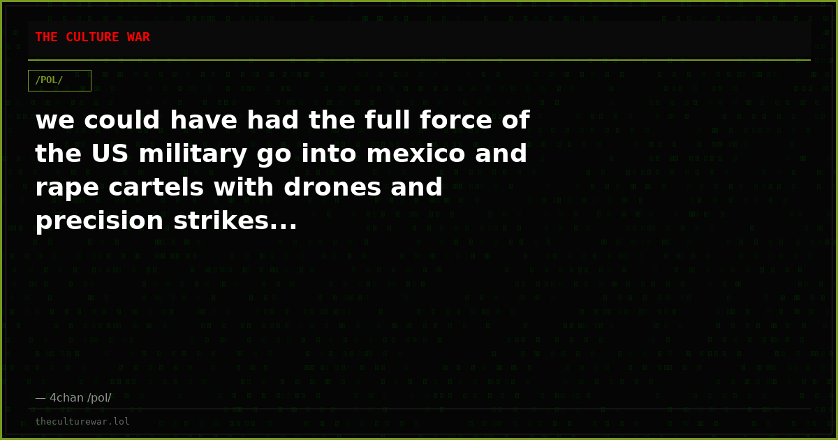 we could have had the full force of the US military go into mexico and rape cartels with drones and precision strikes...