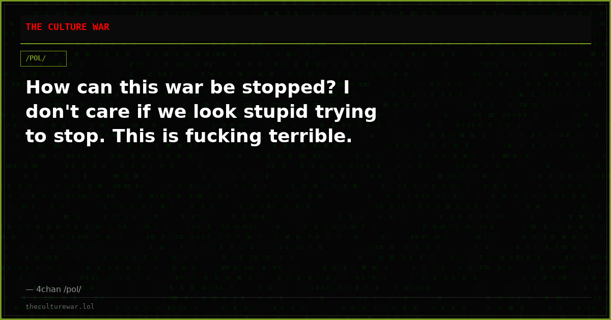 How can this war be stopped? I don't care if we look stupid trying to stop. This is fucking terrible.