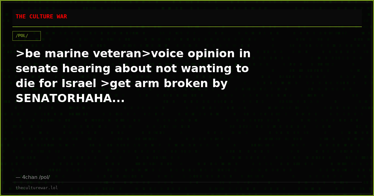 >be marine veteran>voice opinion in senate hearing about not wanting to die for Israel >get arm broken by SENATORHAHA...