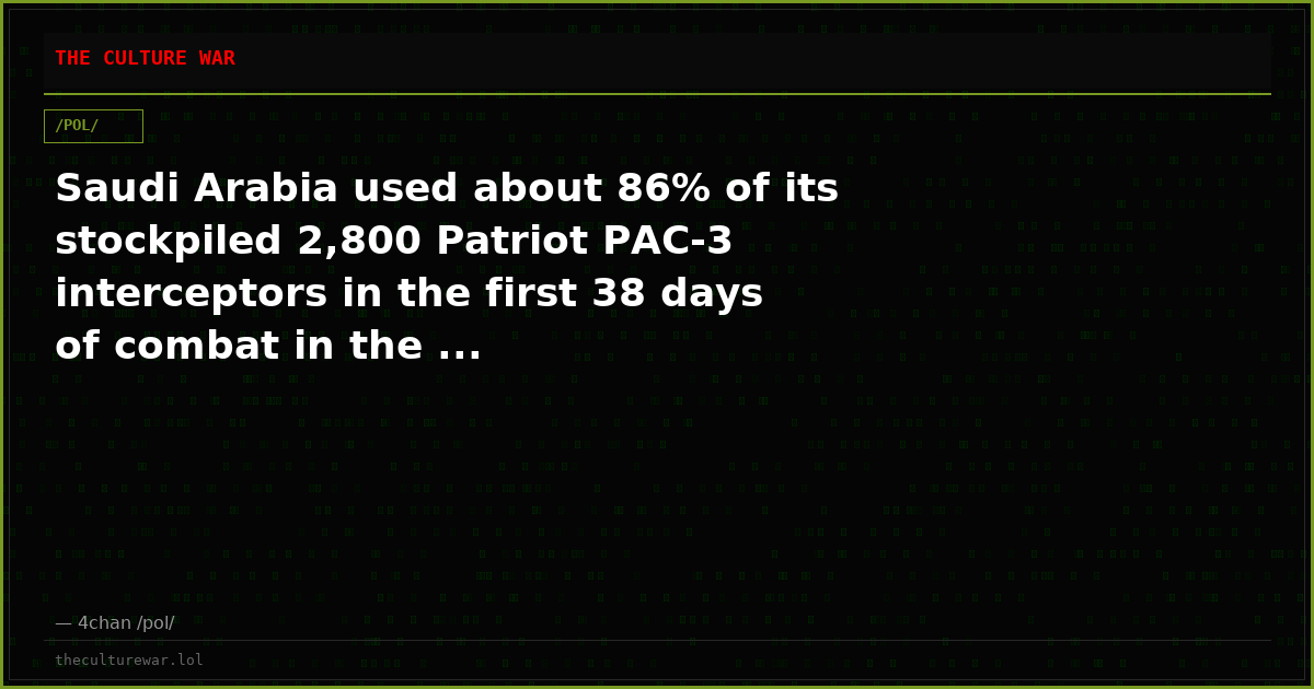 Saudi Arabia used about 86% of its stockpiled 2,800 Patriot PAC-3 interceptors in the first 38 days of combat in the ...