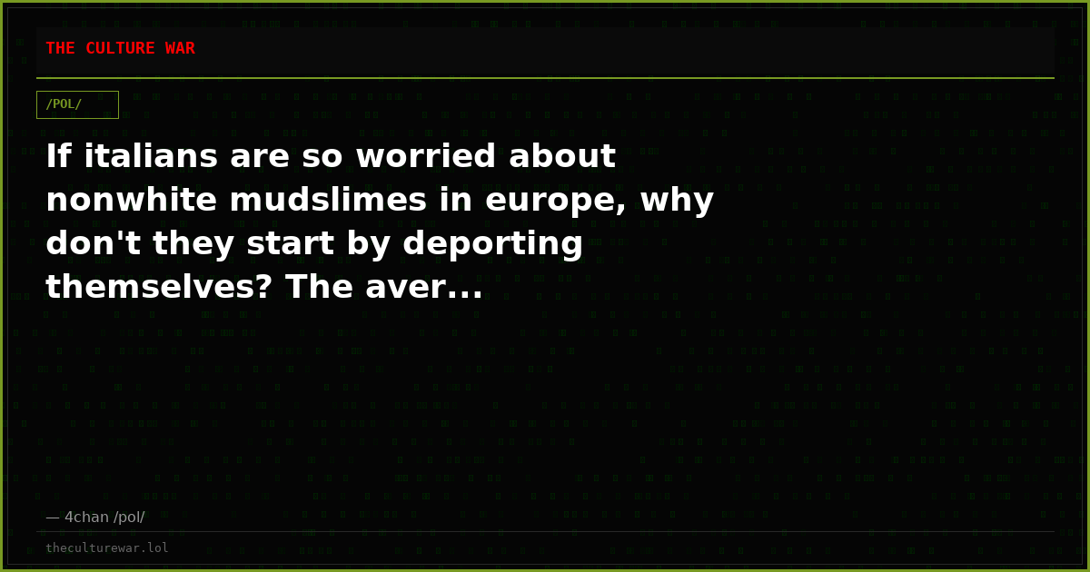 If italians are so worried about nonwhite mudslimes in europe, why don't they start by deporting themselves? The aver...