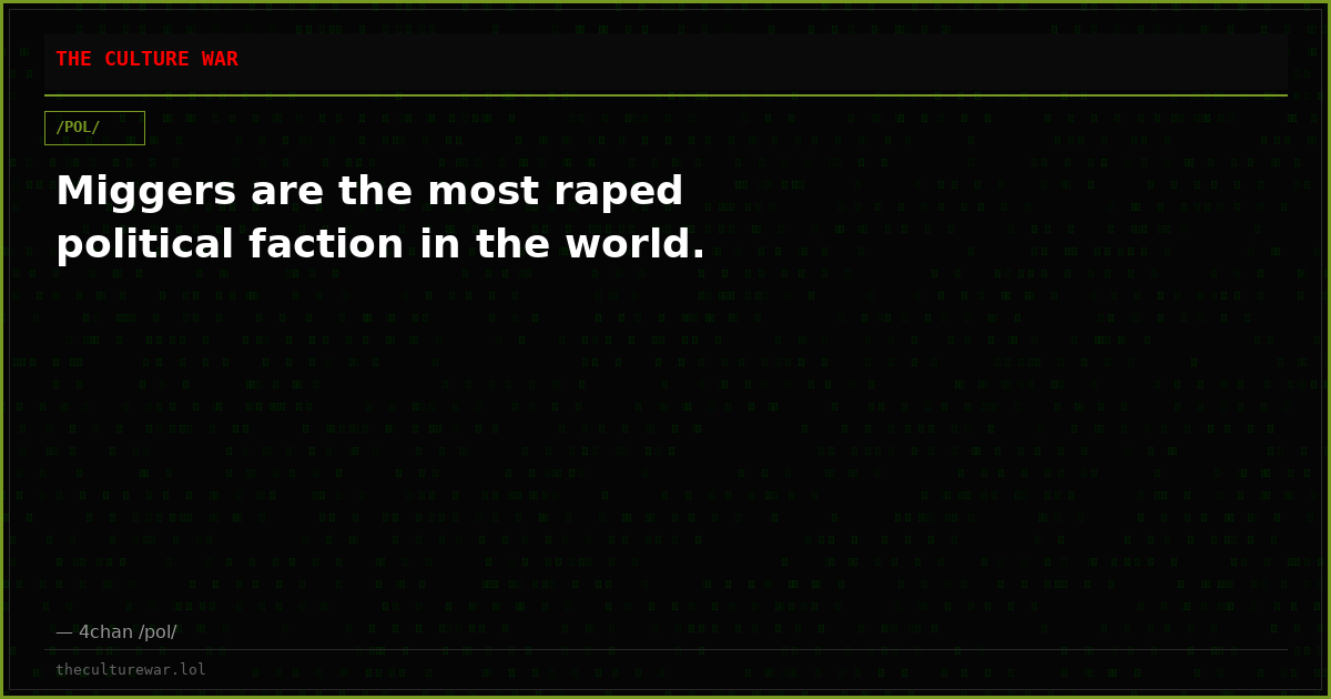 Miggers are the most raped political faction in the world.