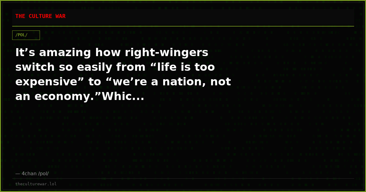 It’s amazing how right-wingers switch so easily from “life is too expensive” to “we’re a nation, not an economy.”Whic...
