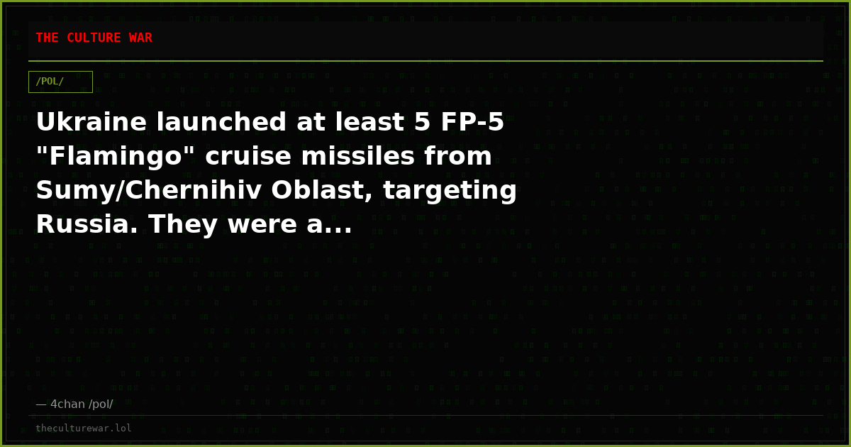 Ukraine launched at least 5 FP-5 "Flamingo" cruise missiles from Sumy/Chernihiv Oblast, targeting Russia. They were a...