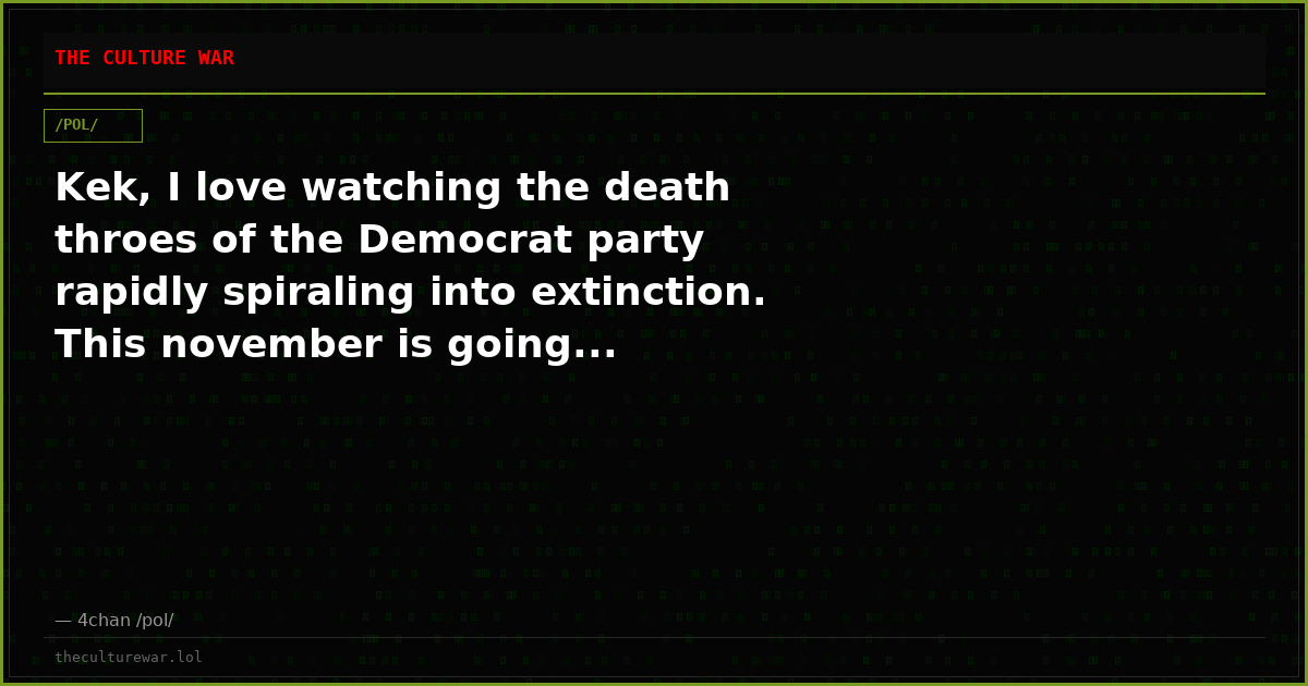 Kek, I love watching the death throes of the Democrat party rapidly spiraling into extinction. This november is going...