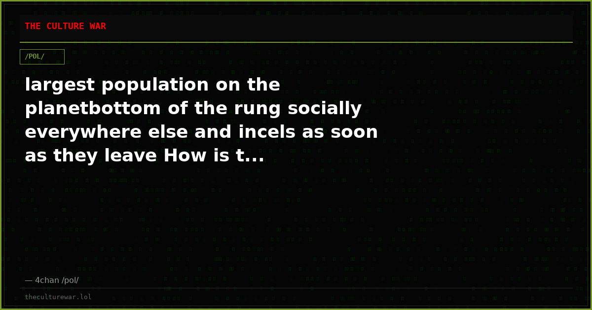 largest population on the planetbottom of the rung socially everywhere else and incels as soon as they leave How is t...