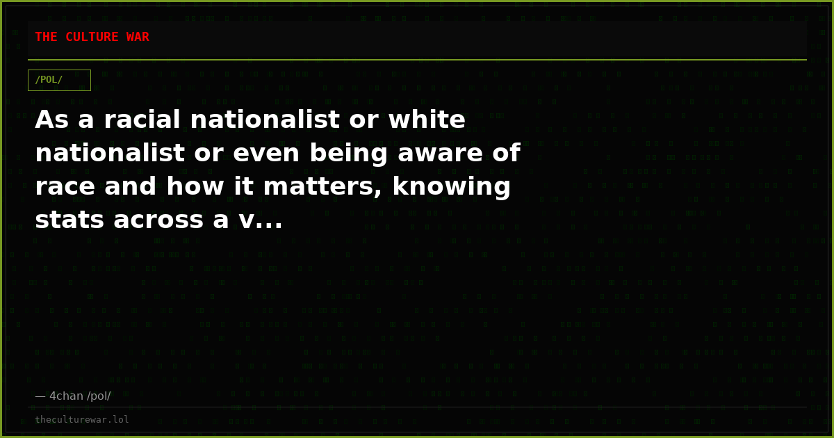 As a racial nationalist or white nationalist or even being aware of race and how it matters, knowing stats across a v...