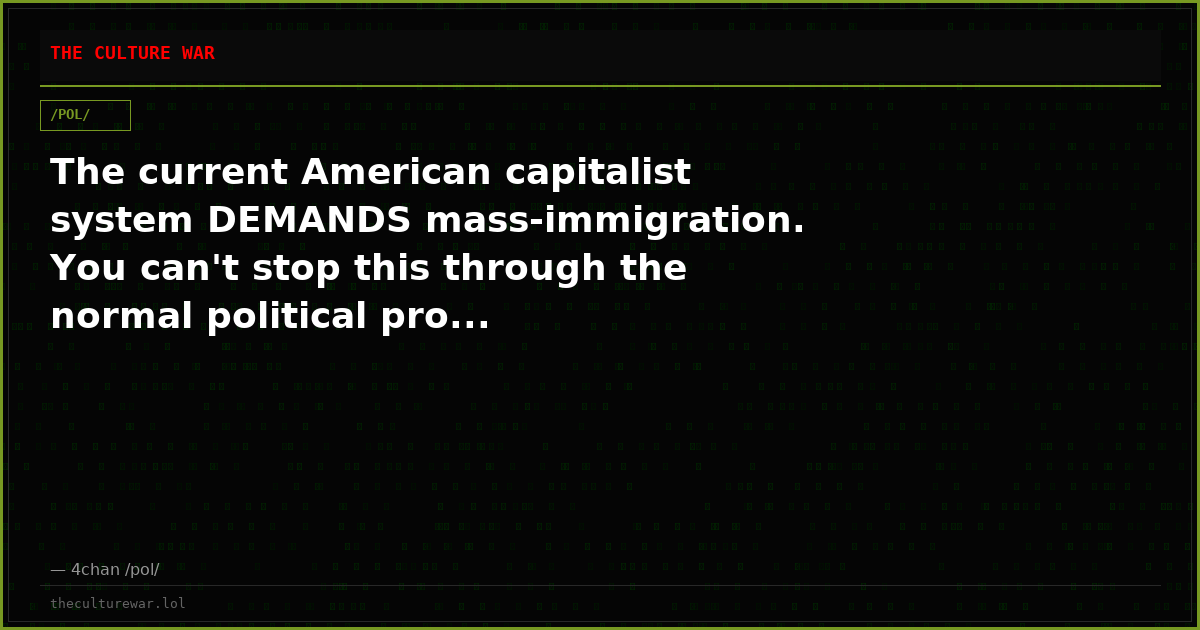 The current American capitalist system DEMANDS mass-immigration. You can't stop this through the normal political pro...