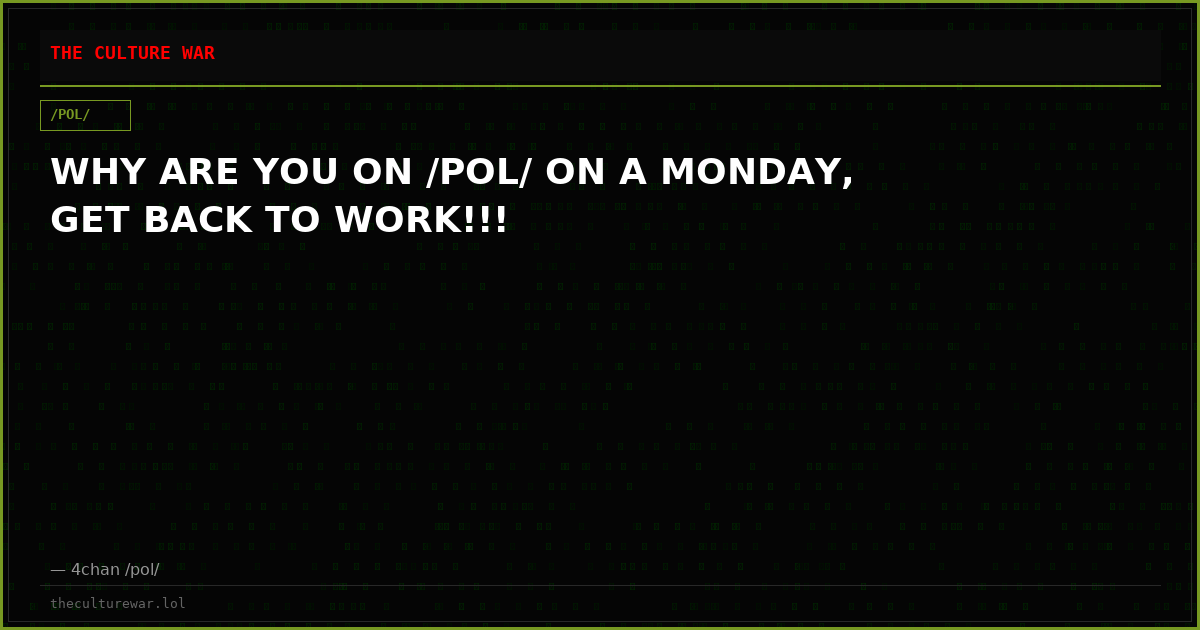 WHY ARE YOU ON /POL/ ON A MONDAY, GET BACK TO WORK!!!