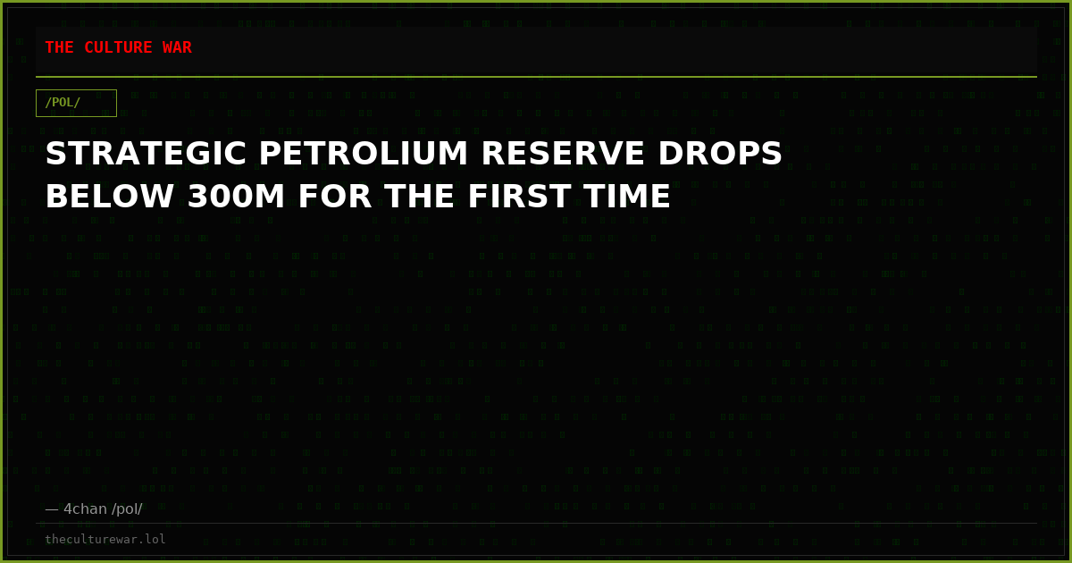 STRATEGIC PETROLIUM RESERVE DROPS BELOW 300M FOR THE FIRST TIME