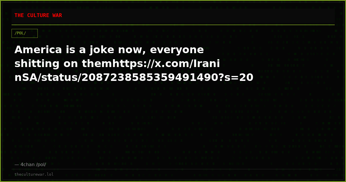 America is a joke now, everyone shitting on themhttps://x.com/IraninSA/status/2087238585359491490?s=20