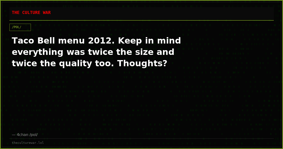 Taco Bell menu 2012. Keep in mind everything was twice the size and twice the quality too. Thoughts?