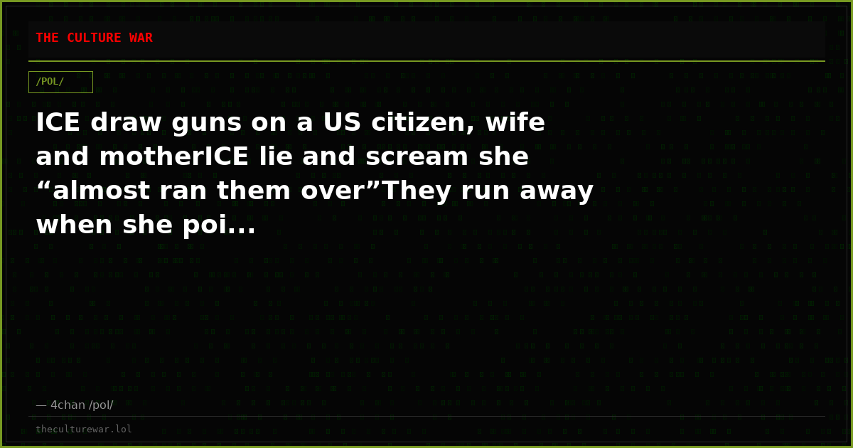 ICE draw guns on a US citizen, wife and motherICE lie and scream she “almost ran them over”They run away when she poi...
