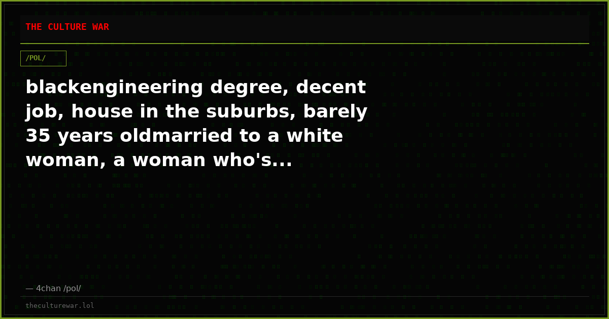 blackengineering degree, decent job, house in the suburbs, barely 35 years oldmarried to a white woman, a woman who's...