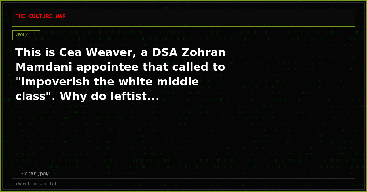 This is Cea Weaver, a DSA Zohran Mamdani appointee that called to "impoverish the white middle class". Why do leftist...