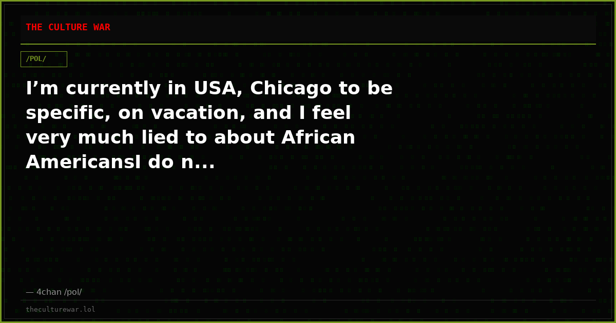 I’m currently in USA, Chicago to be specific, on vacation, and I feel very much lied to about African AmericansI do n...