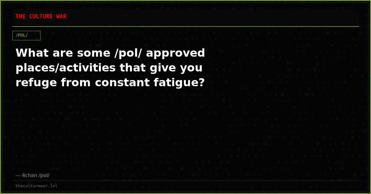 What are some /pol/ approved places/activities that give you refuge from constant fatigue?