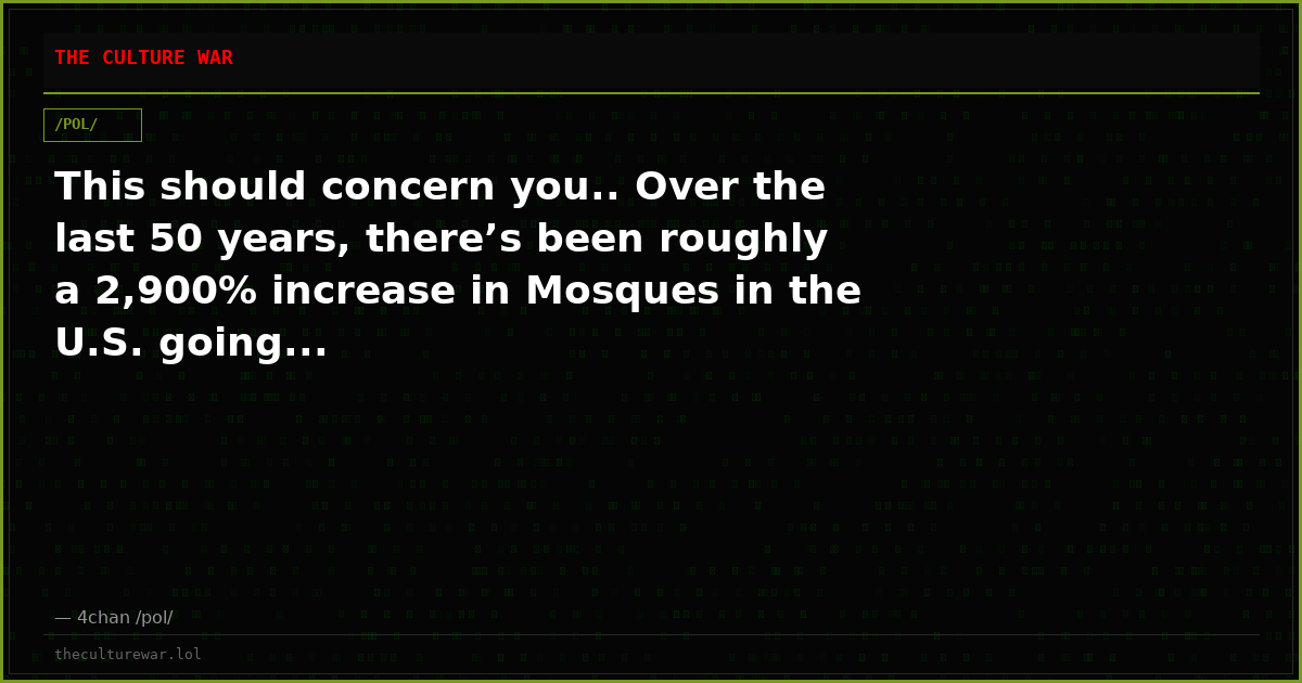 This should concern you.. Over the last 50 years, there’s been roughly a 2,900% increase in Mosques in the U.S. going...