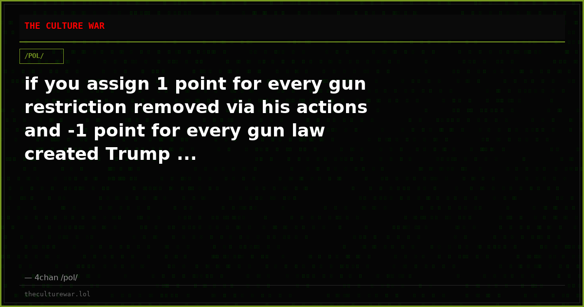 if you assign 1 point for every gun restriction removed via his actions and -1 point for every gun law created Trump ...