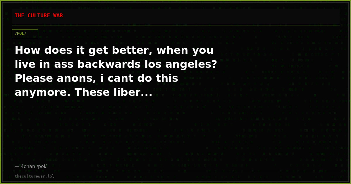 How does it get better, when you live in ass backwards los angeles? Please anons, i cant do this anymore. These liber...