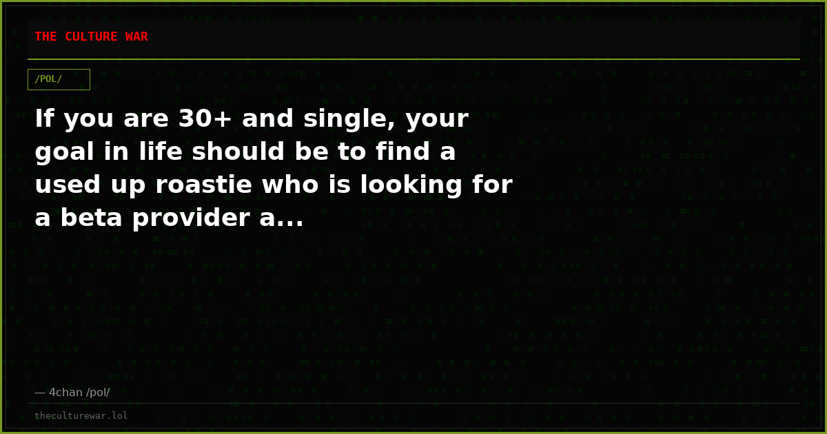If you are 30+ and single, your goal in life should be to find a used up roastie who is looking for a beta provider a...