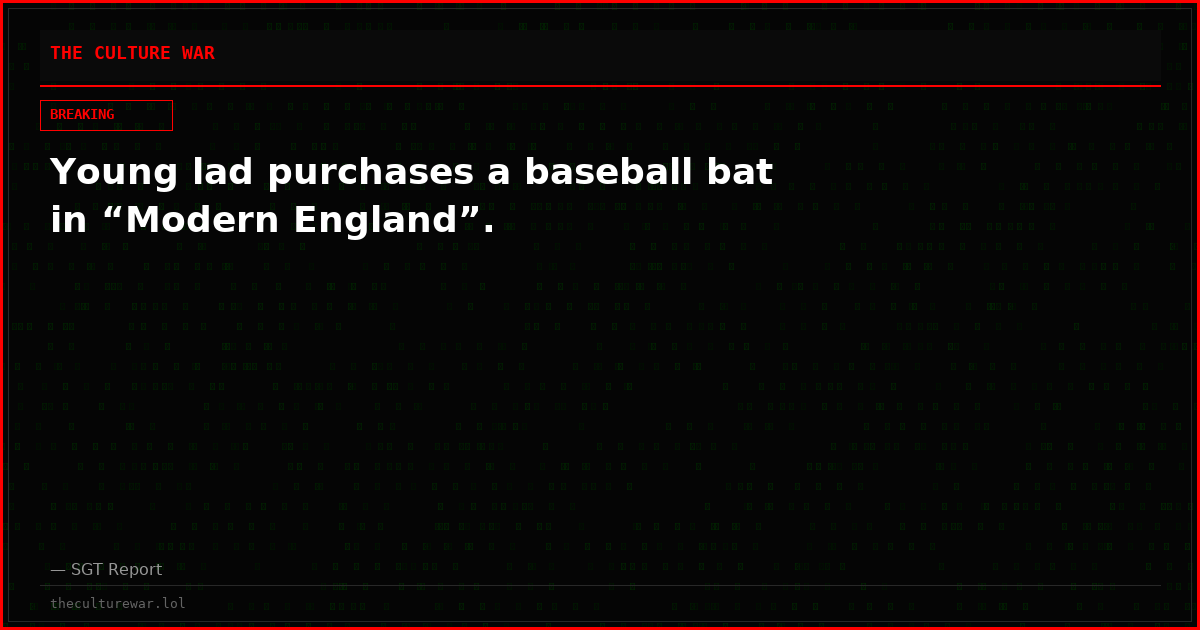 Young lad purchases a baseball bat in “Modern England”.