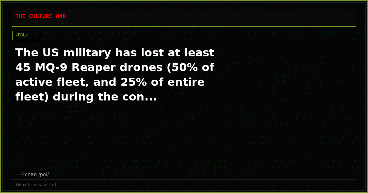 The US military has lost at least 45 MQ-9 Reaper drones (50% of active fleet, and 25% of entire fleet) during the con...