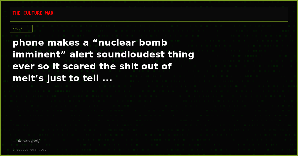 phone makes a “nuclear bomb imminent” alert soundloudest thing ever so it scared the shit out of meit’s just to tell ...