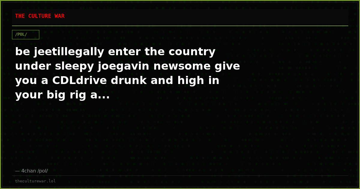 be jeetillegally enter the country under sleepy joegavin newsome give you a CDLdrive drunk and high in your big rig a...