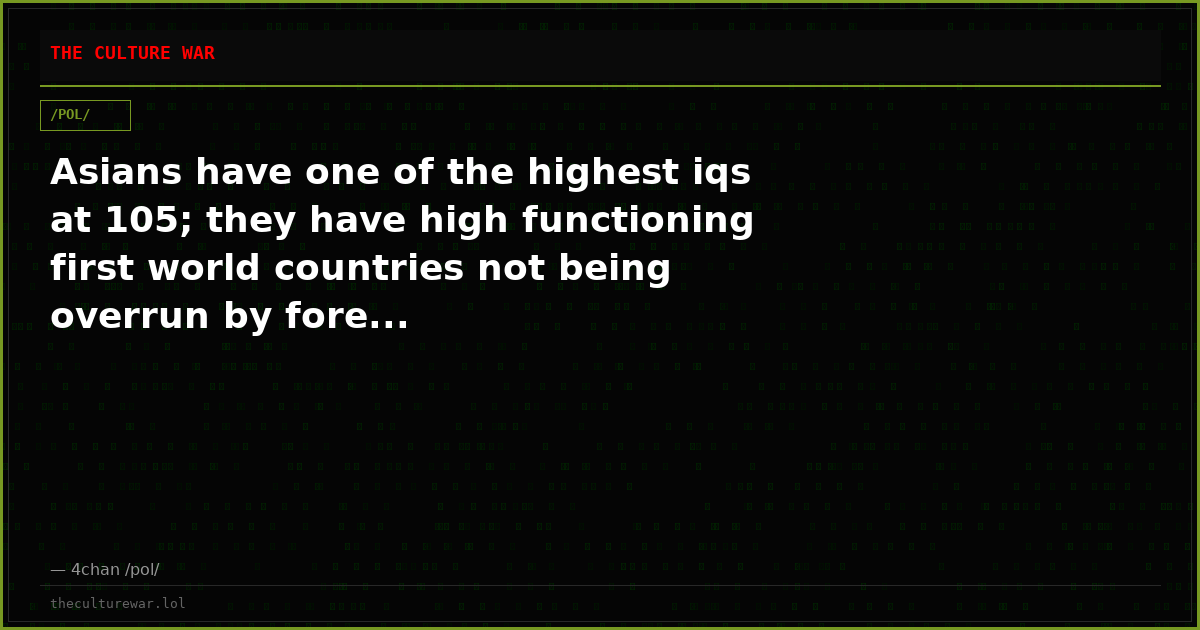 Asians have one of the highest iqs at 105; they have high functioning first world countries not being overrun by fore...