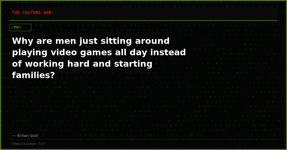 Why are men just sitting around playing video games all day instead of working hard and starting families?
