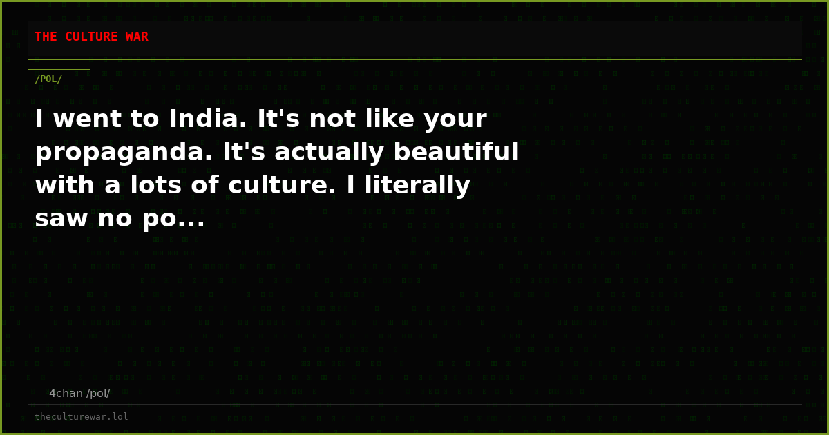 I went to India. It's not like your propaganda. It's actually beautiful with a lots of culture. I literally saw no po...