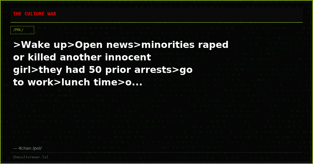 >Wake up>Open news>minorities raped or killed another innocent girl>they had 50 prior arrests>go to work>lunch time>o...