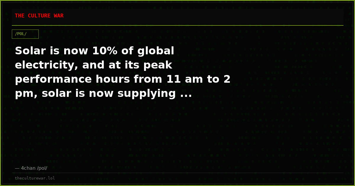 Solar is now 10% of global electricity, and at its peak performance hours from 11 am to 2 pm, solar is now supplying ...