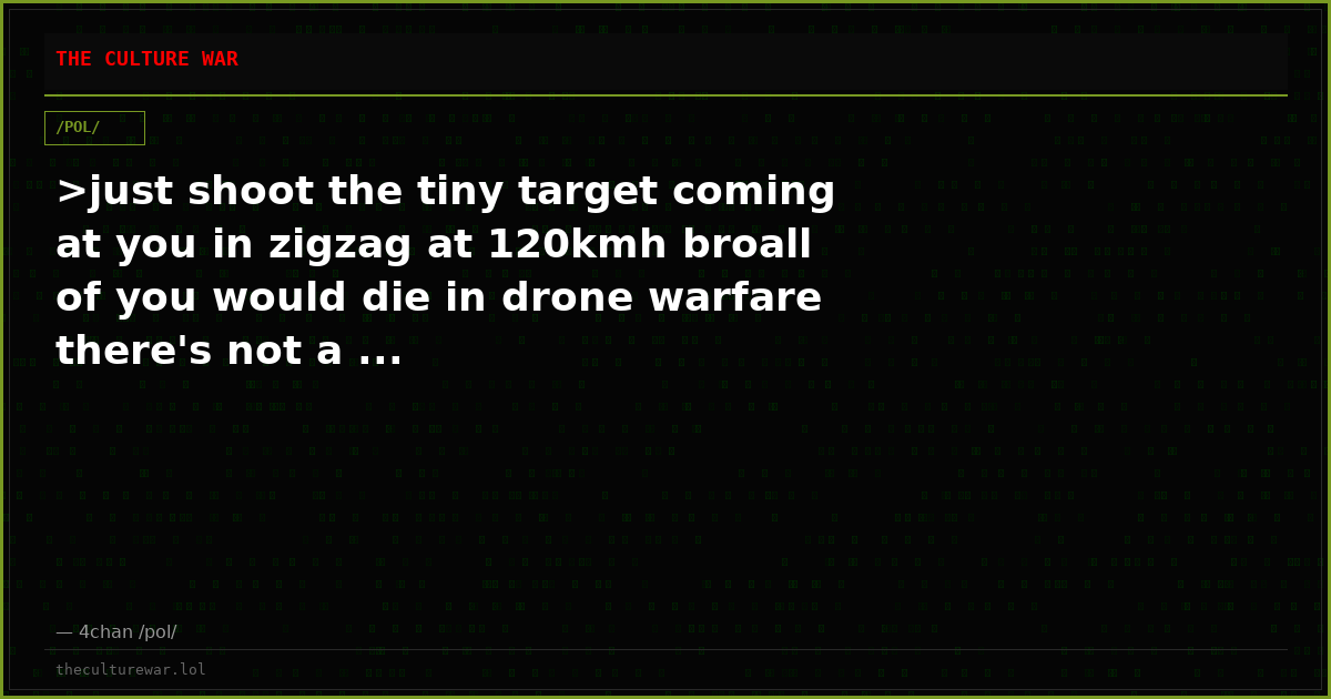 >just shoot the tiny target coming at you in zigzag at 120kmh broall of you would die in drone warfare there's not a ...