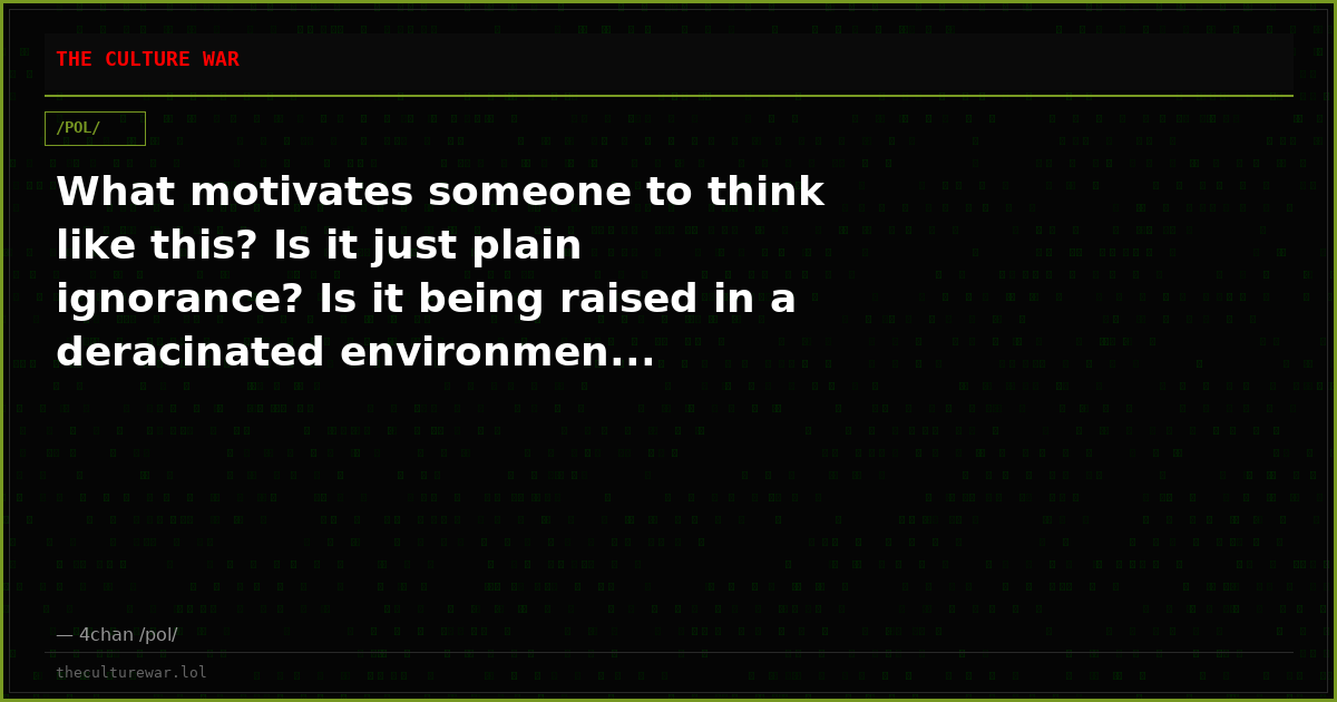 What motivates someone to think like this? Is it just plain ignorance? Is it being raised in a deracinated environmen...