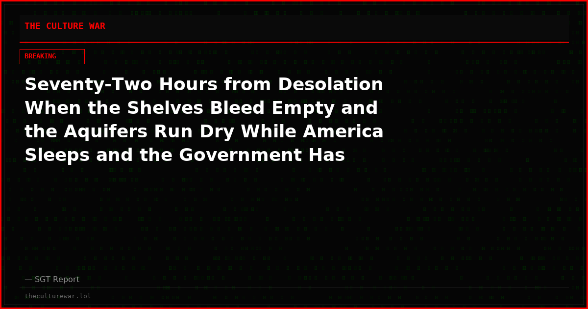 Seventy-Two Hours from Desolation When the Shelves Bleed Empty and the Aquifers Run Dry While America Sleeps and the Government Has Already Abandoned You to the Famine That Comes Like Thief in Night