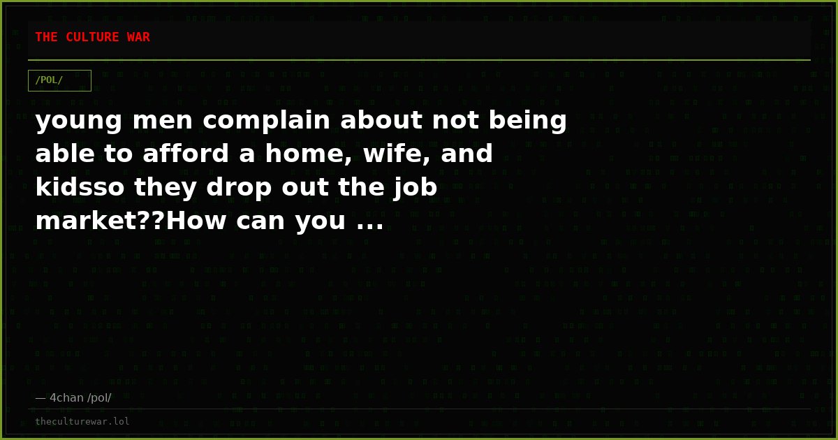 young men complain about not being able to afford a home, wife, and kidsso they drop out the job market??How can you ...