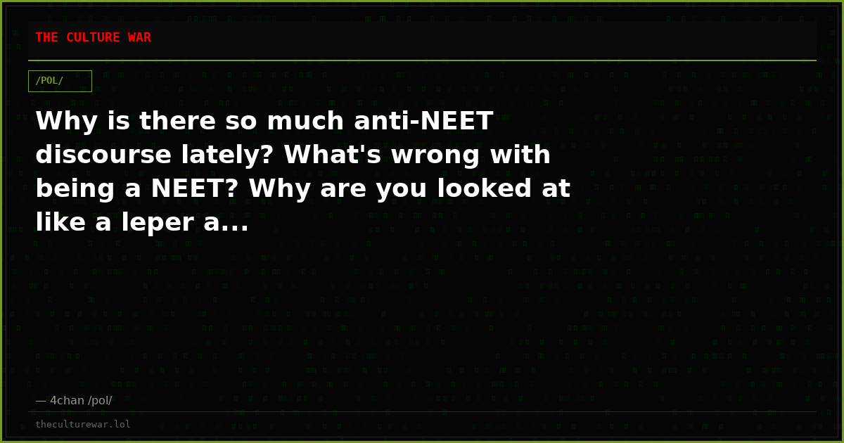 Why is there so much anti-NEET discourse lately? What's wrong with being a NEET? Why are you looked at like a leper a...