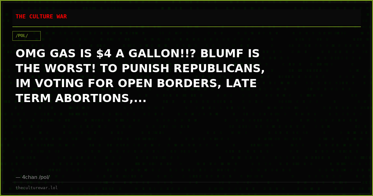 OMG GAS IS $4 A GALLON!!? BLUMF IS THE WORST! TO PUNISH REPUBLICANS, IM VOTING FOR OPEN BORDERS, LATE TERM ABORTIONS,...