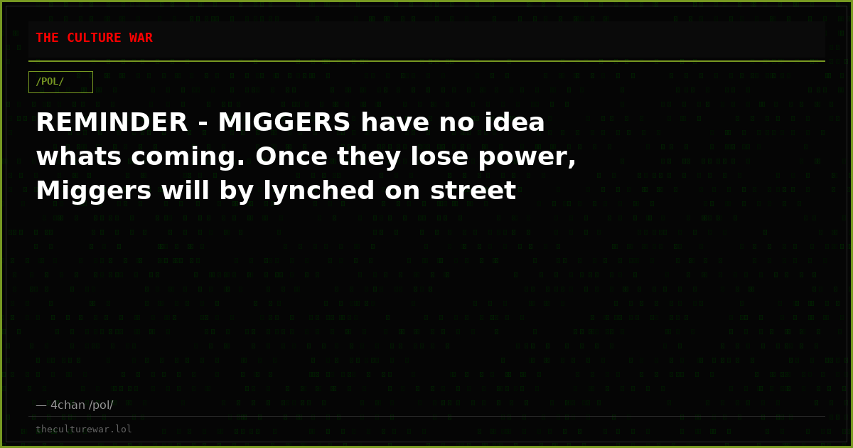 REMINDER - MIGGERS have no idea whats coming. Once they lose power, Miggers will by lynched on street