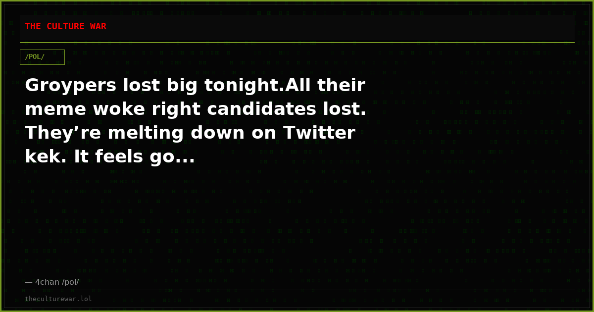 Groypers lost big tonight.All their meme woke right candidates lost. They’re melting down on Twitter kek. It feels go...