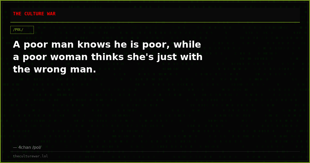 A poor man knows he is poor, while a poor woman thinks she's just with the wrong man.