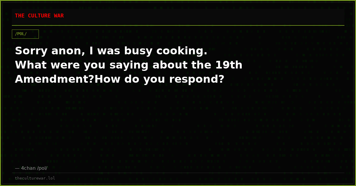 Sorry anon, I was busy cooking. What were you saying about the 19th Amendment?How do you respond?