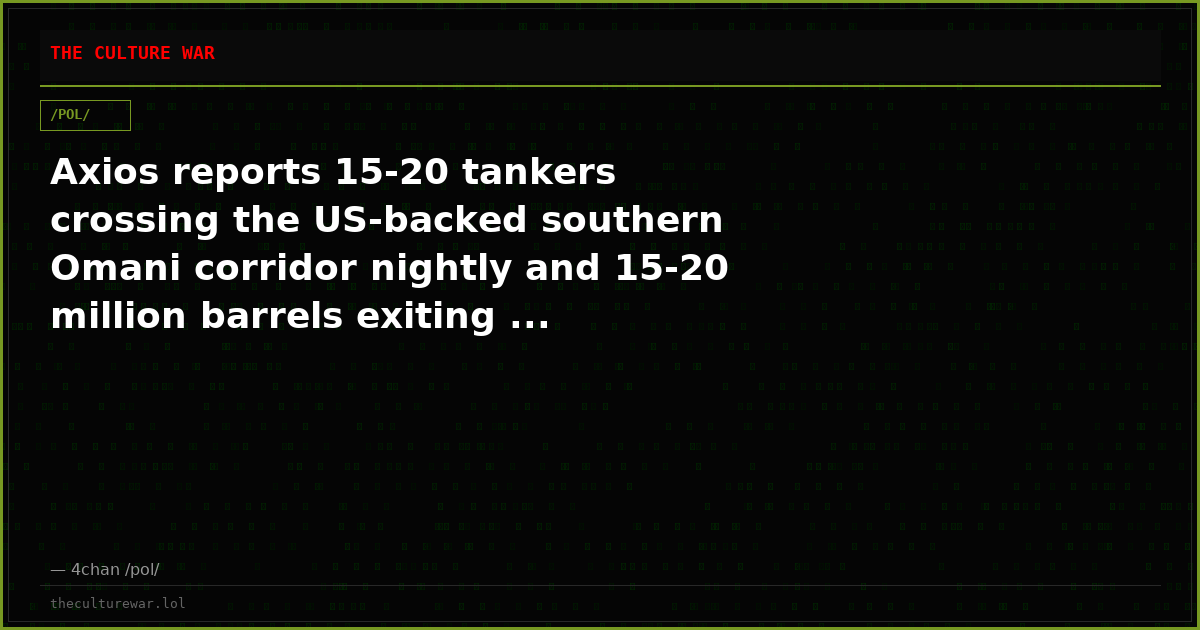 Axios reports 15-20 tankers crossing the US-backed southern Omani corridor nightly and 15-20 million barrels exiting ...