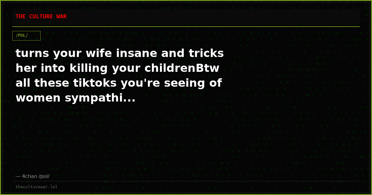 turns your wife insane and tricks her into killing your childrenBtw all these tiktoks you're seeing of women sympathi...