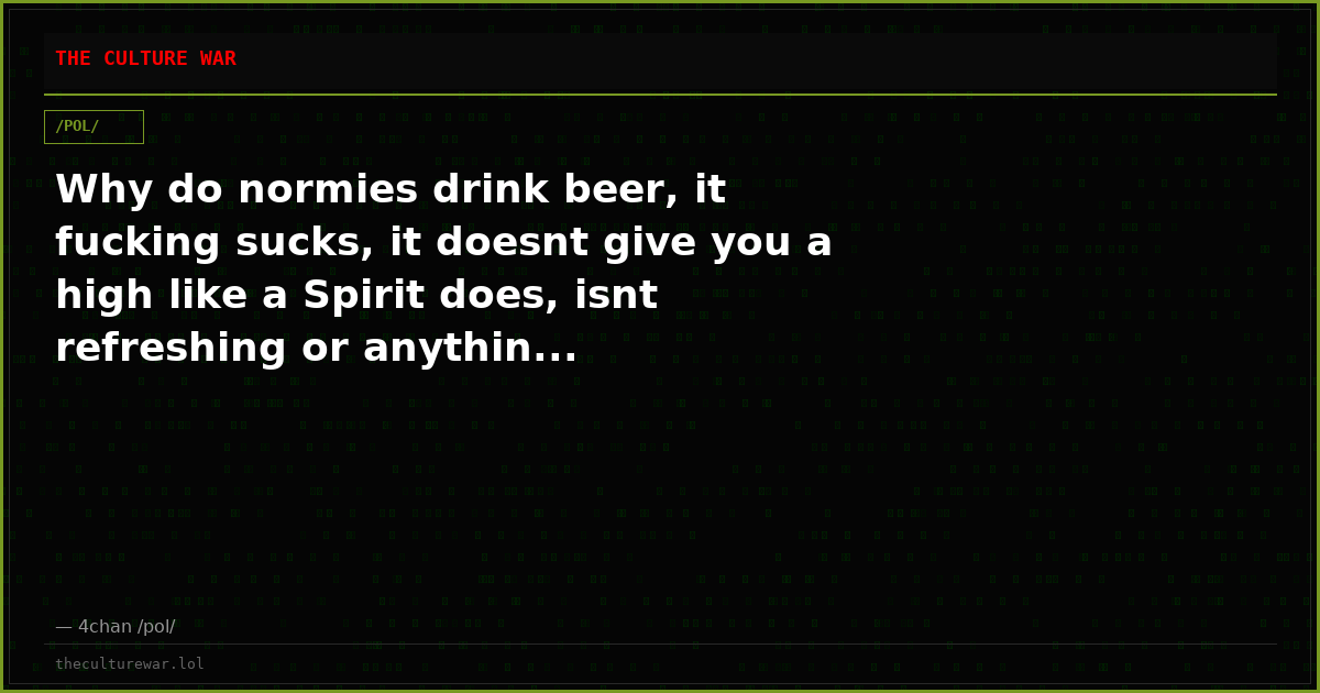 Why do normies drink beer, it fucking sucks, it doesnt give you a high like a Spirit does, isnt refreshing or anythin...